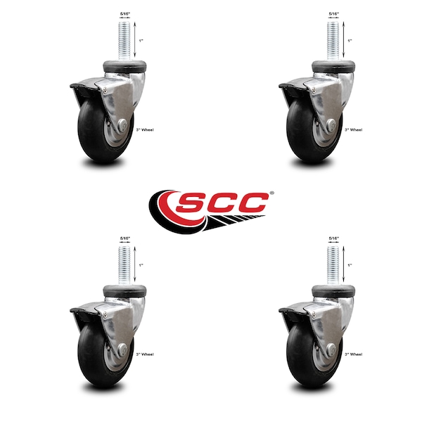 Service Caster 3 Inch Hooded Neoprene Rubber 5/16 Inch Threaded Stem Casters with Brakes, 4PK SCC-TS03S310-NPRB-BC-B-5161810-4 - main